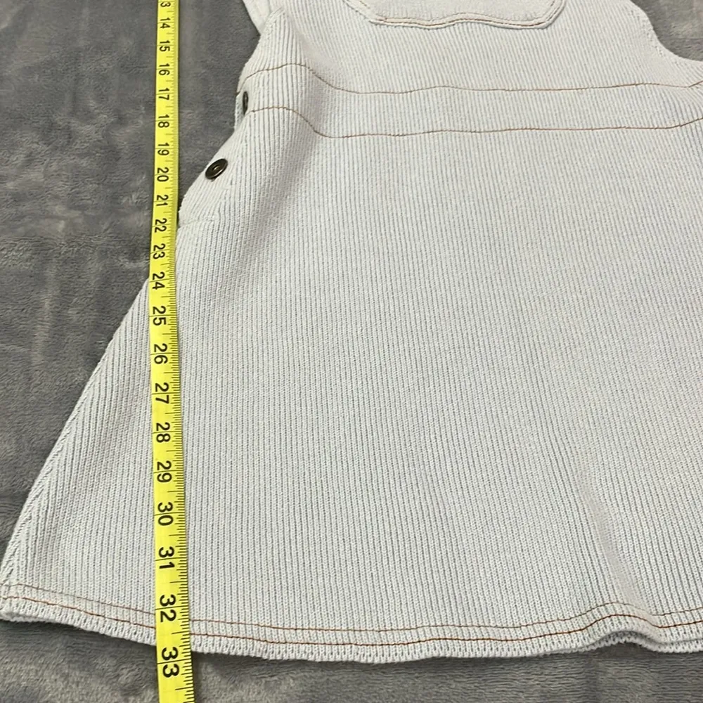 Crocheted bibbed overall sweater dress dusty blue with contrasting brown stitch - Image 9