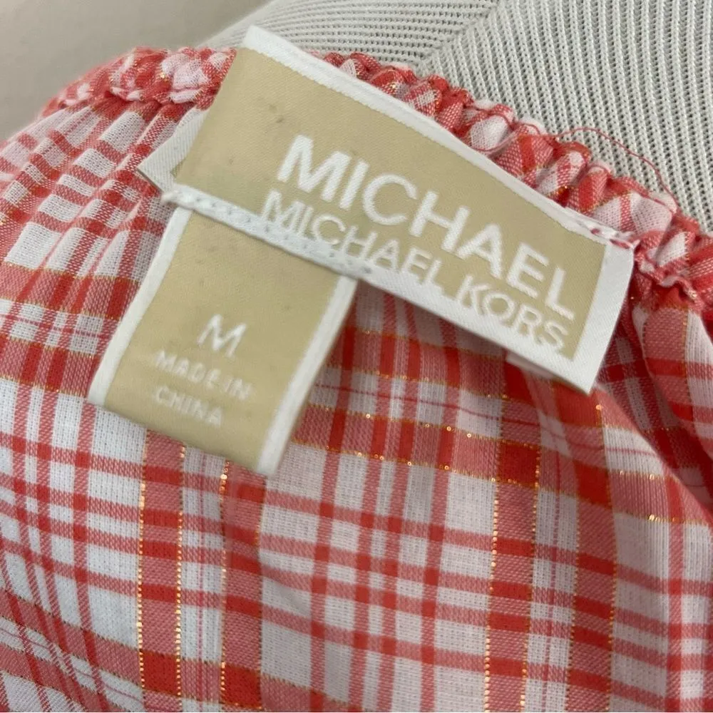 Michael Kors Coral Plaid Ruffle Mini Dress Wrap Front Balloon Sleeves M NEW Pink Size M - Image 7