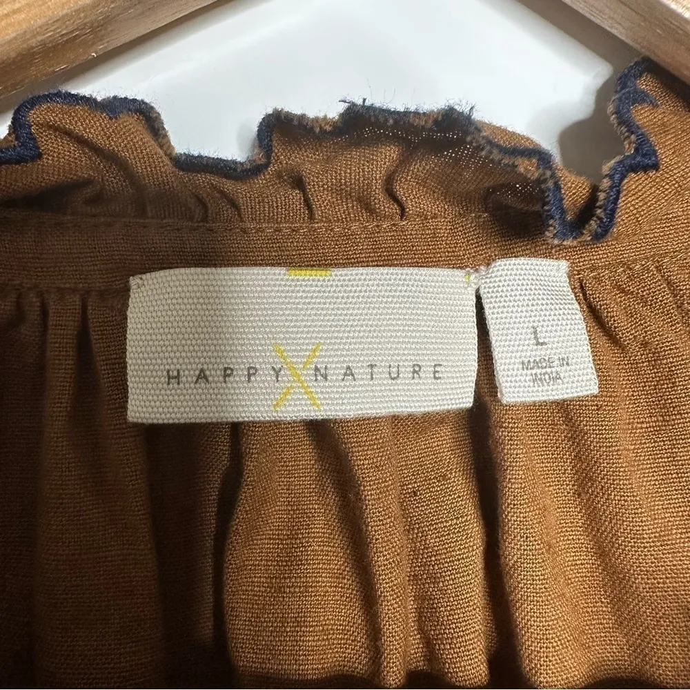 Happy X Nature Flax Blend Boho Ruffle Sleeve Top Size Large Brown - Image 7