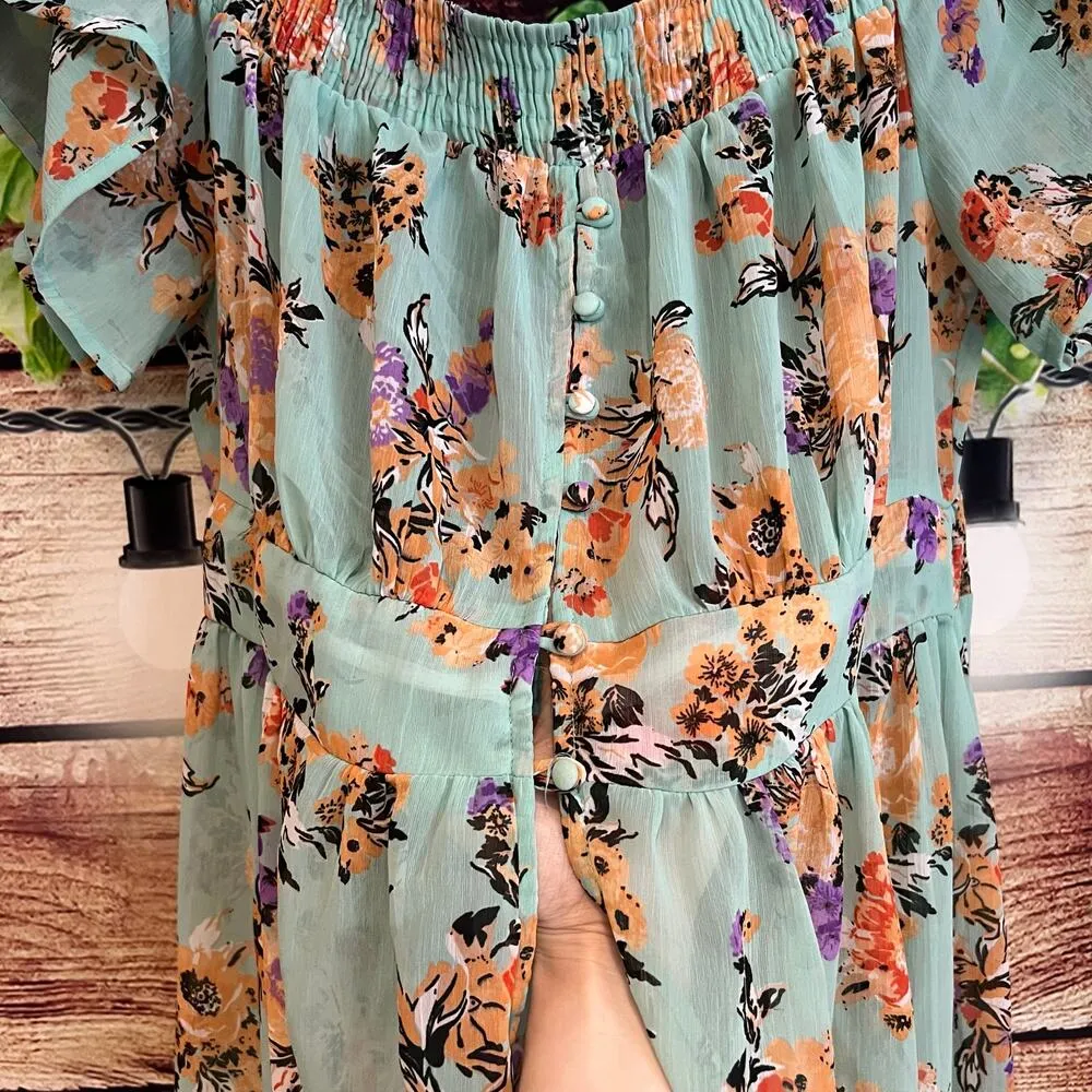 Boutique Maxi Dress Sz 1X Floral High Low Sheer Floral Boho Ruffle Short Sleeve - Image 4