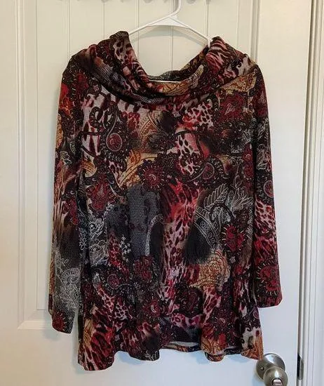 EUC | Vintage Bamboo Traders women’s cowl neck patterned cinched waist sweater L Brown Size L - Image 1