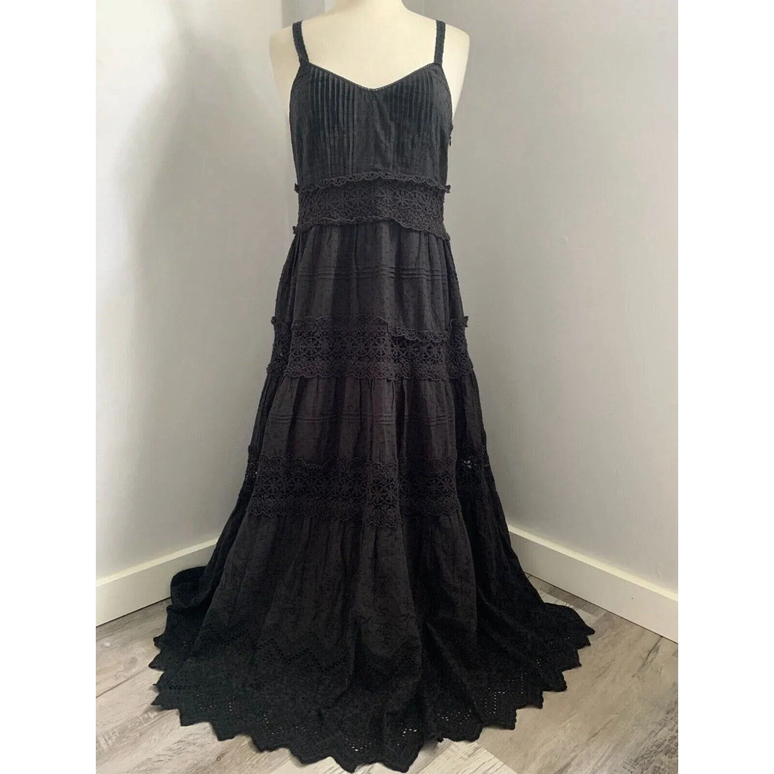 LOVE the Label Anthropologie Black Flocked Lace Crochet Tiered Cotton Maxi Sz XS - Image 11