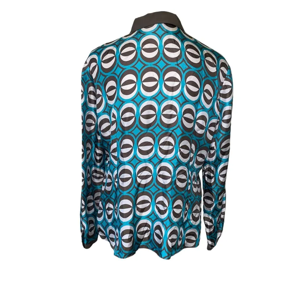 Lafayette 148 Brown Blue Geometric 100% Silk Collared Long Sleeve Blouse Size 14 - Image 3