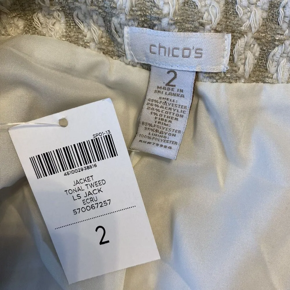 Chico’s Gold Ivory Cream Tonal Tweed Long Sleeve Jacket Shrug Sz 2 MSRP $139 New - Image 5
