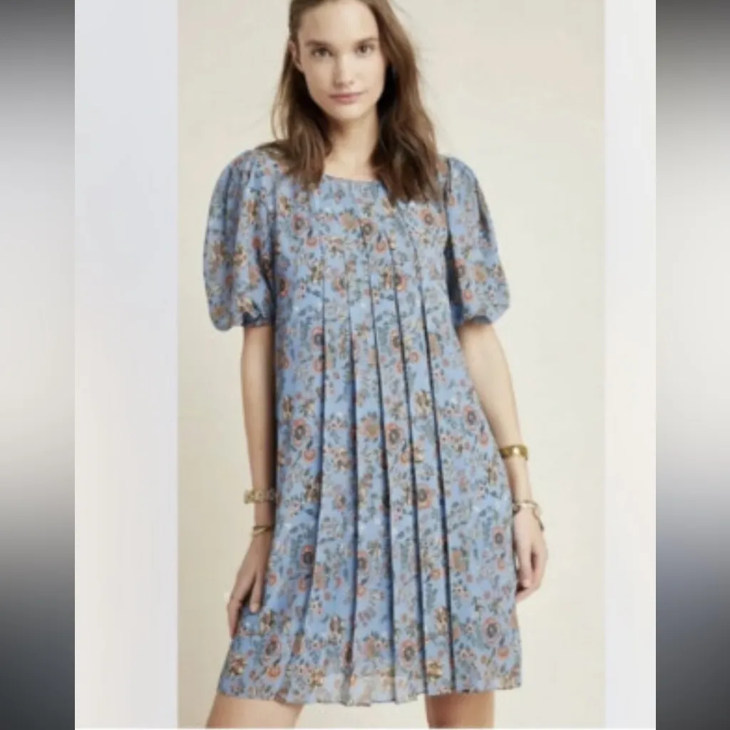 Anthropologie Satin + Babi Marina Blue Floral Puff Sleeve Summer Dress Sz 4 - Image 10