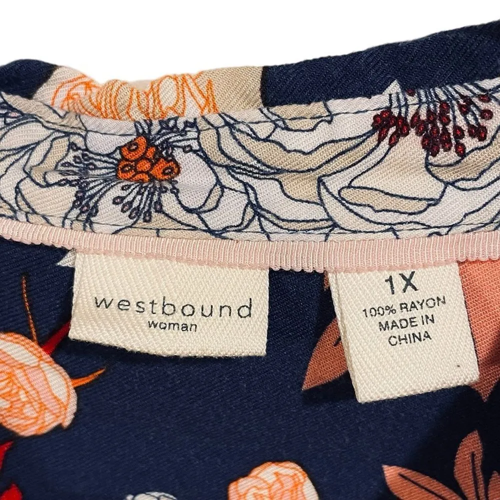 Westbound Plus Artsy Romantic Blue Floral Long Sleeve Babydoll Button Blouse - Image 6