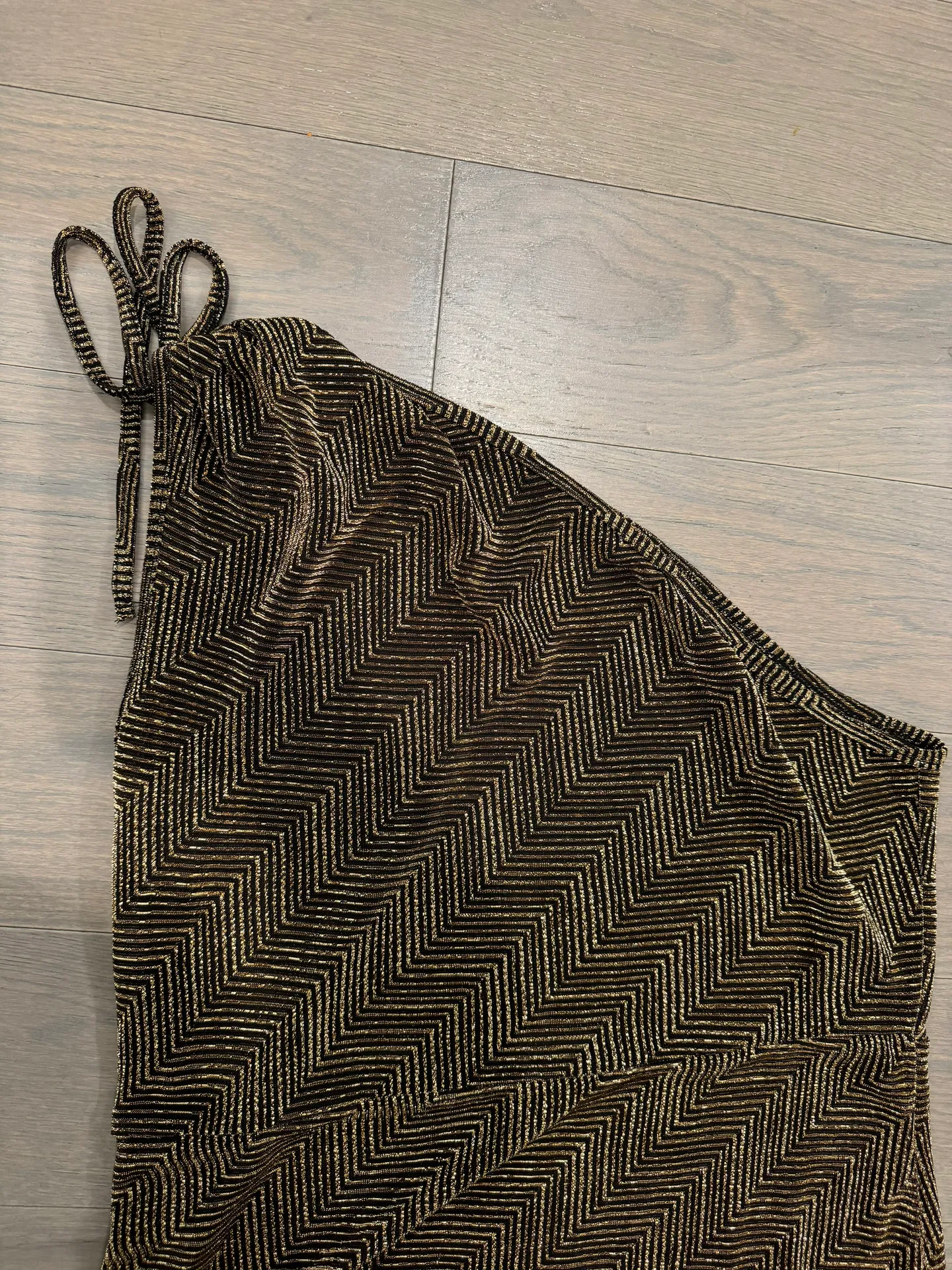 XL Black Gold Shimmer One Shoulder Semi Sheer Rouch Dress - Image 5