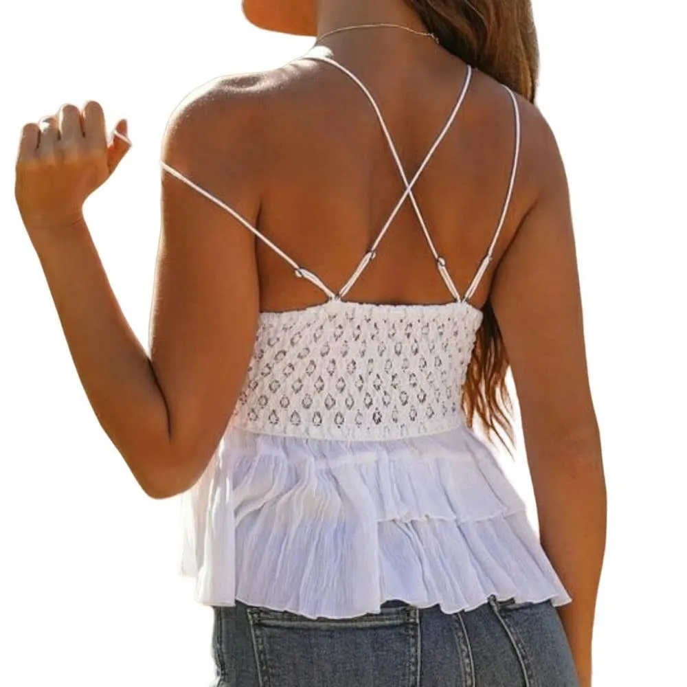 Free People Adella Cami Crochet Lace Flowy Tiered Crisscross White XS New - Image 4