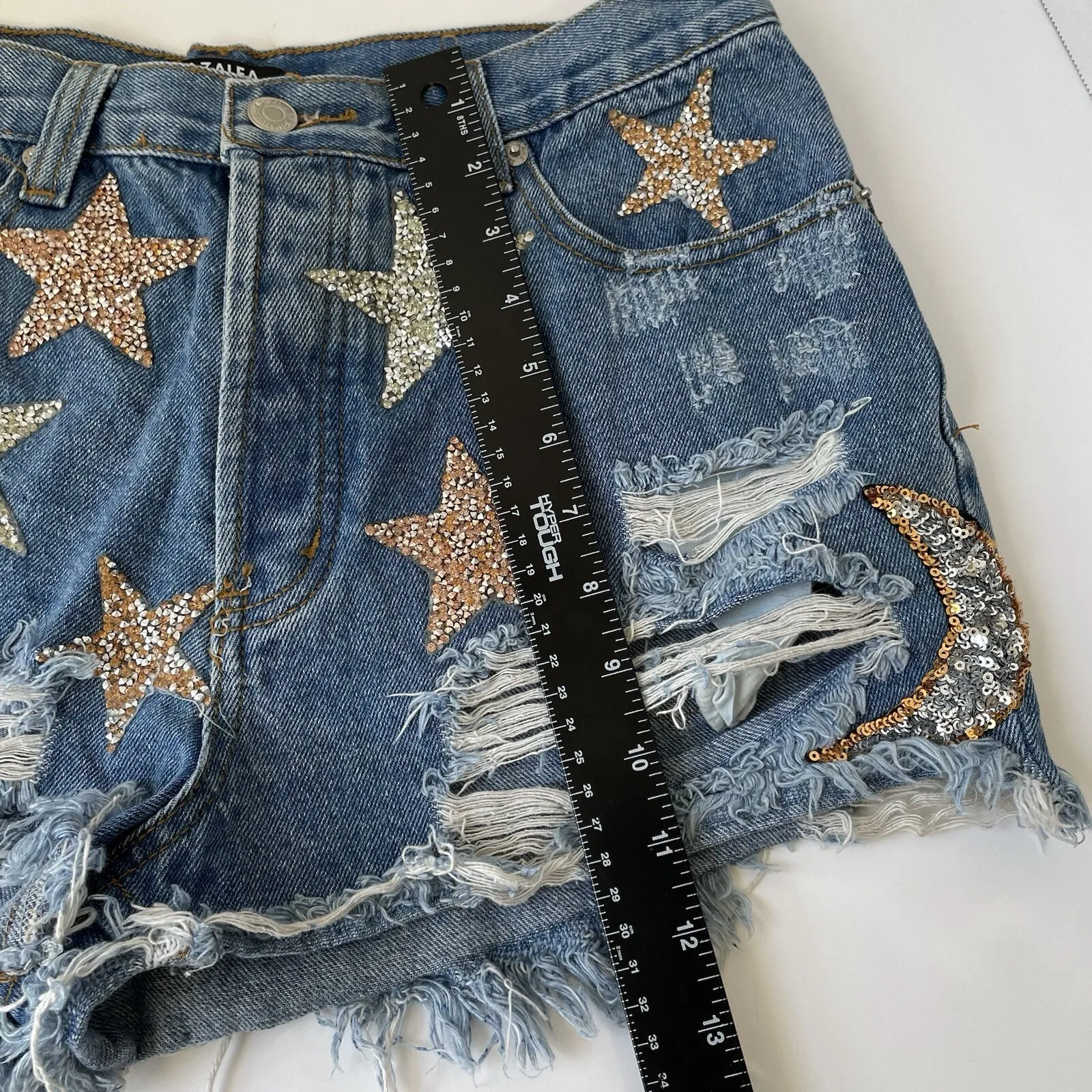 Star Rhinestone Distressed Denim Cutoff Shorts‎ Women's M Festival Y2K Blue Size M - Image 6
