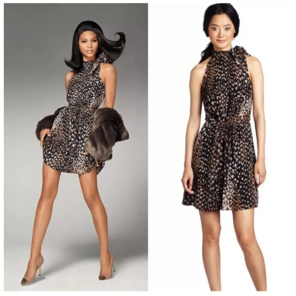 TRINA TURK Dress Size 0 100% Silk Animal Print Halter Tie Bow Neck Cocktail - Image 3