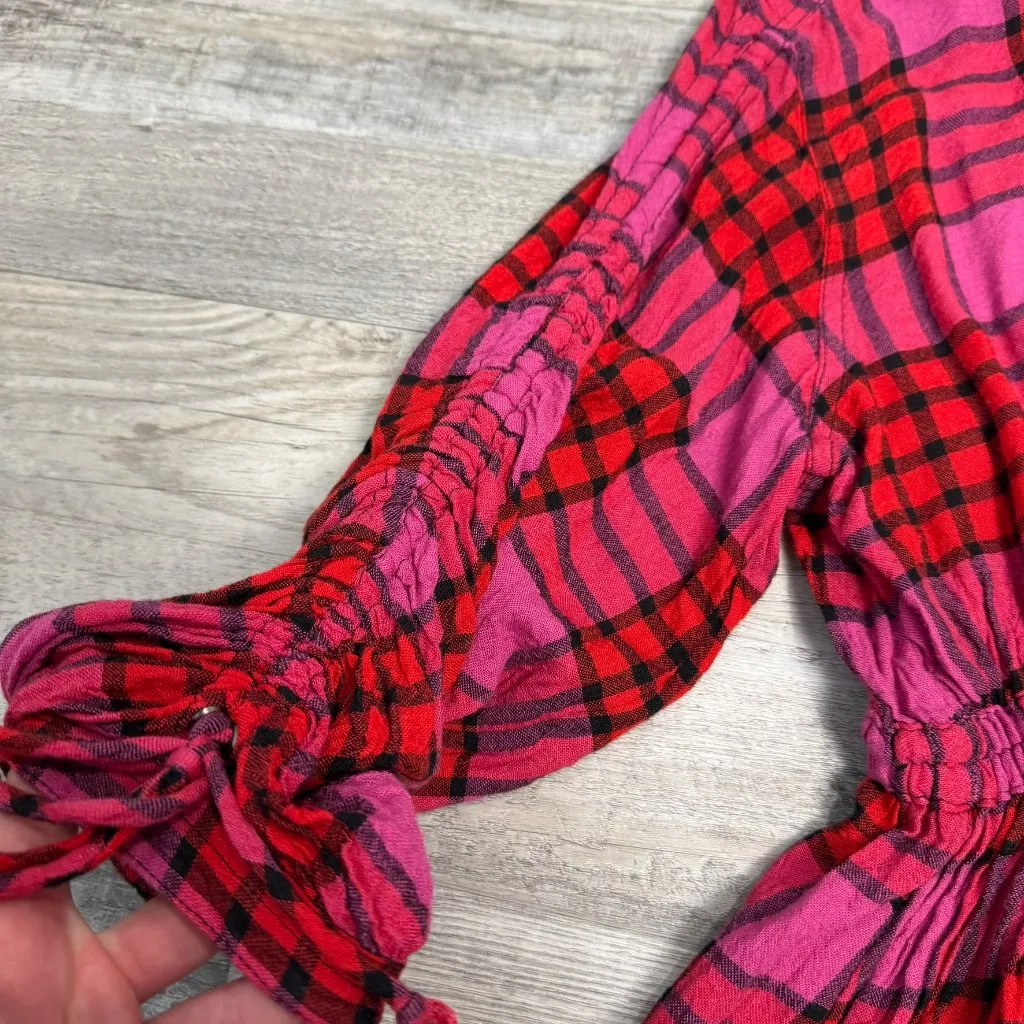 Free People We The Free pink red plaid flannel elastic waist size medium R33 - Image 3