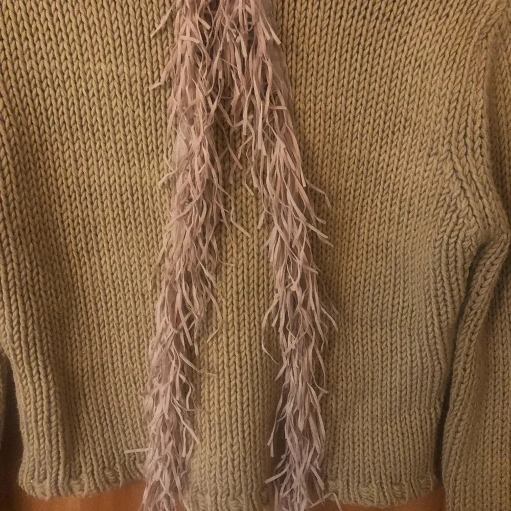 Boho Western Tan Cropped fringe chunky knit mock neck sweater cowgirl Size L - Image 2