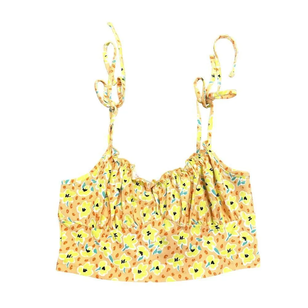 Wednesday's Girl Tie Strap Ruched Bust Cami Crop Top in Yellow, Size L​​​ Yellow Size L - Image 2