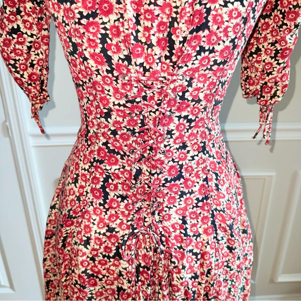 Free People Laced Up Corset Mid Sleeve Floral Mini Dress in Black Combo Size XS - Image 6