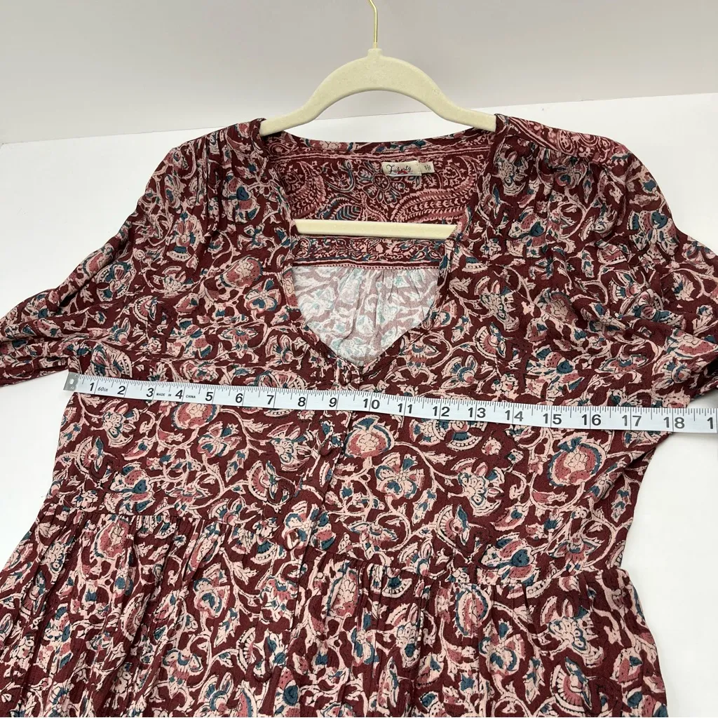 Faherty Toluca Tiered Long Sleeve Dress Merlot Bordeaux Red Floral Womens‎ Small - Image 7