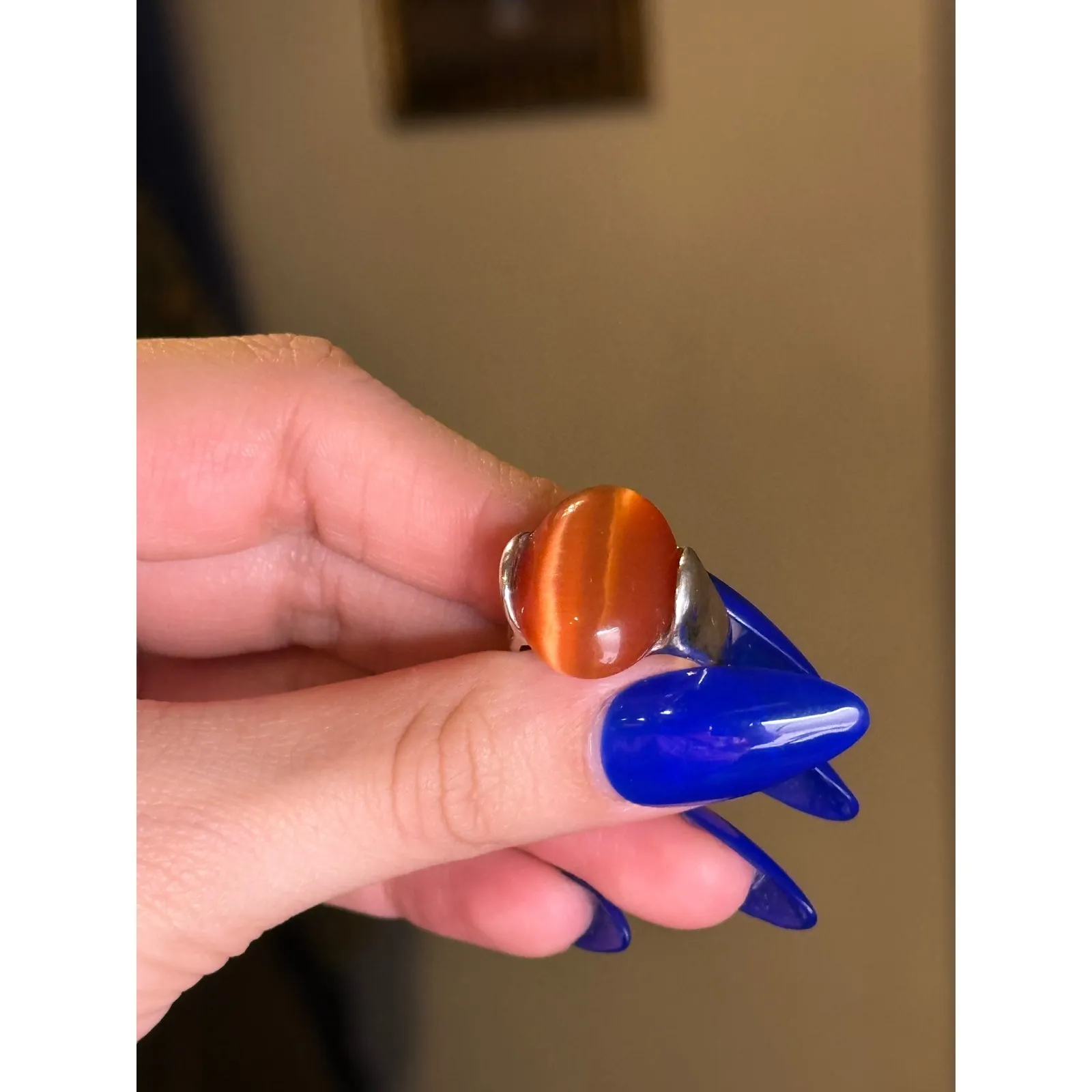 Orange Lab Cats Eye Silver Tone Ring Size 8 - Image 6