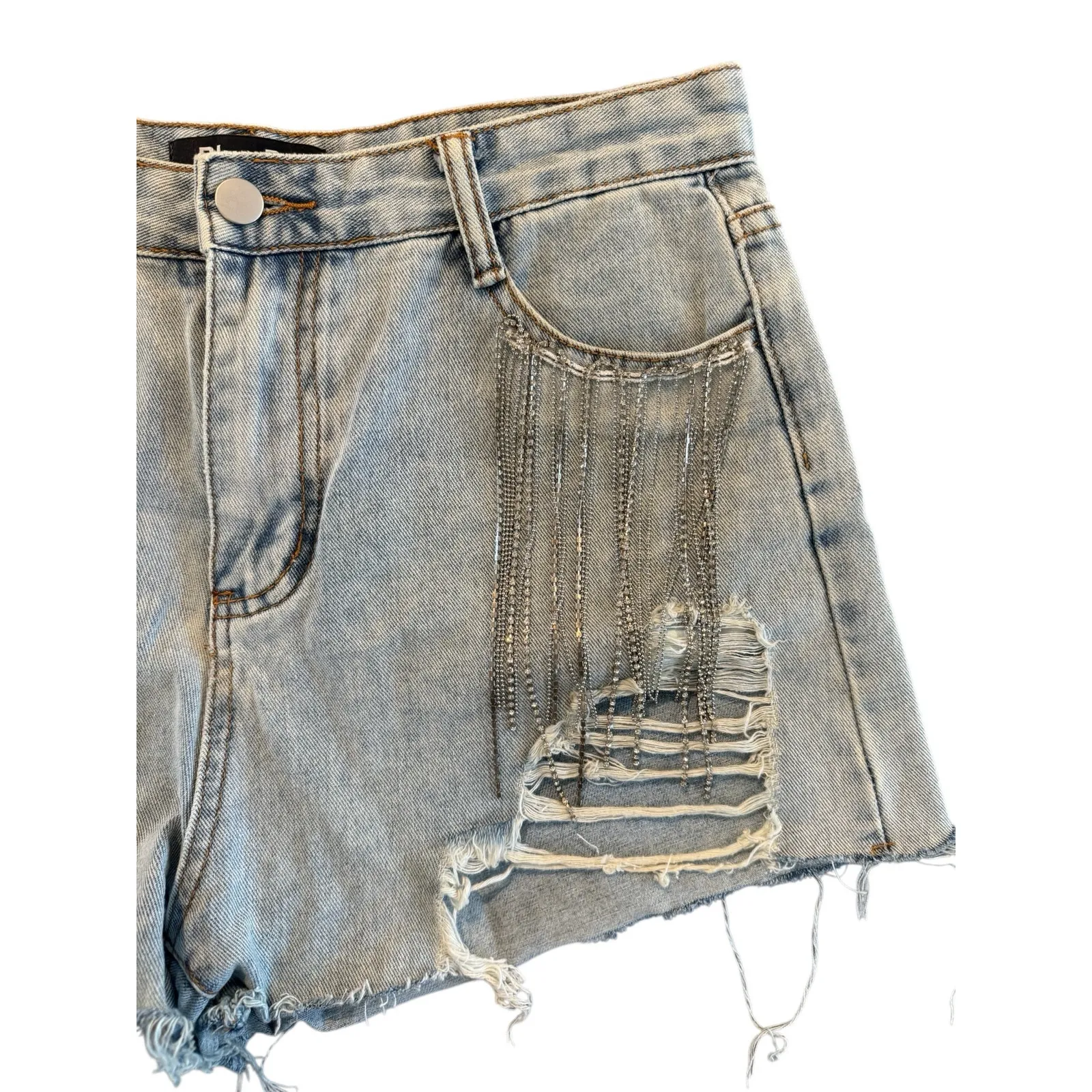 Blue B Rhinestone Fringe Distressed Denim Jean Shorts Women’s Size Large - Image 4