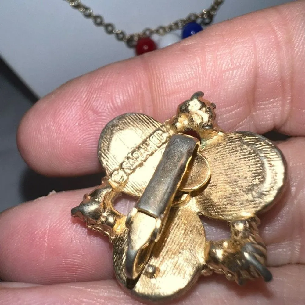 Sara Coventry Vintage Red Whit and Blue Gold Tone Necklace and Clip Earrings Set - Image 6