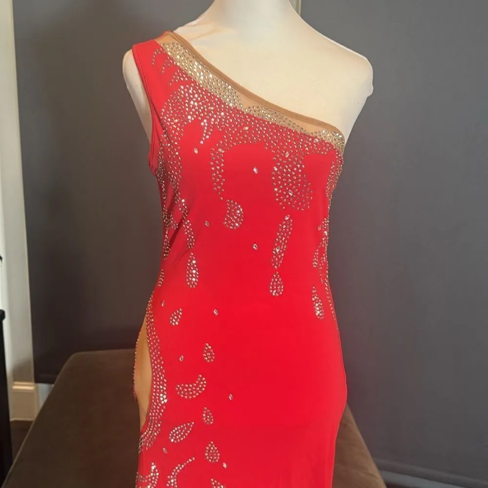 Women’s Sexy Red Sparkly One Shoulder BodyCon Party Dress Leg Split Size S - Image 2
