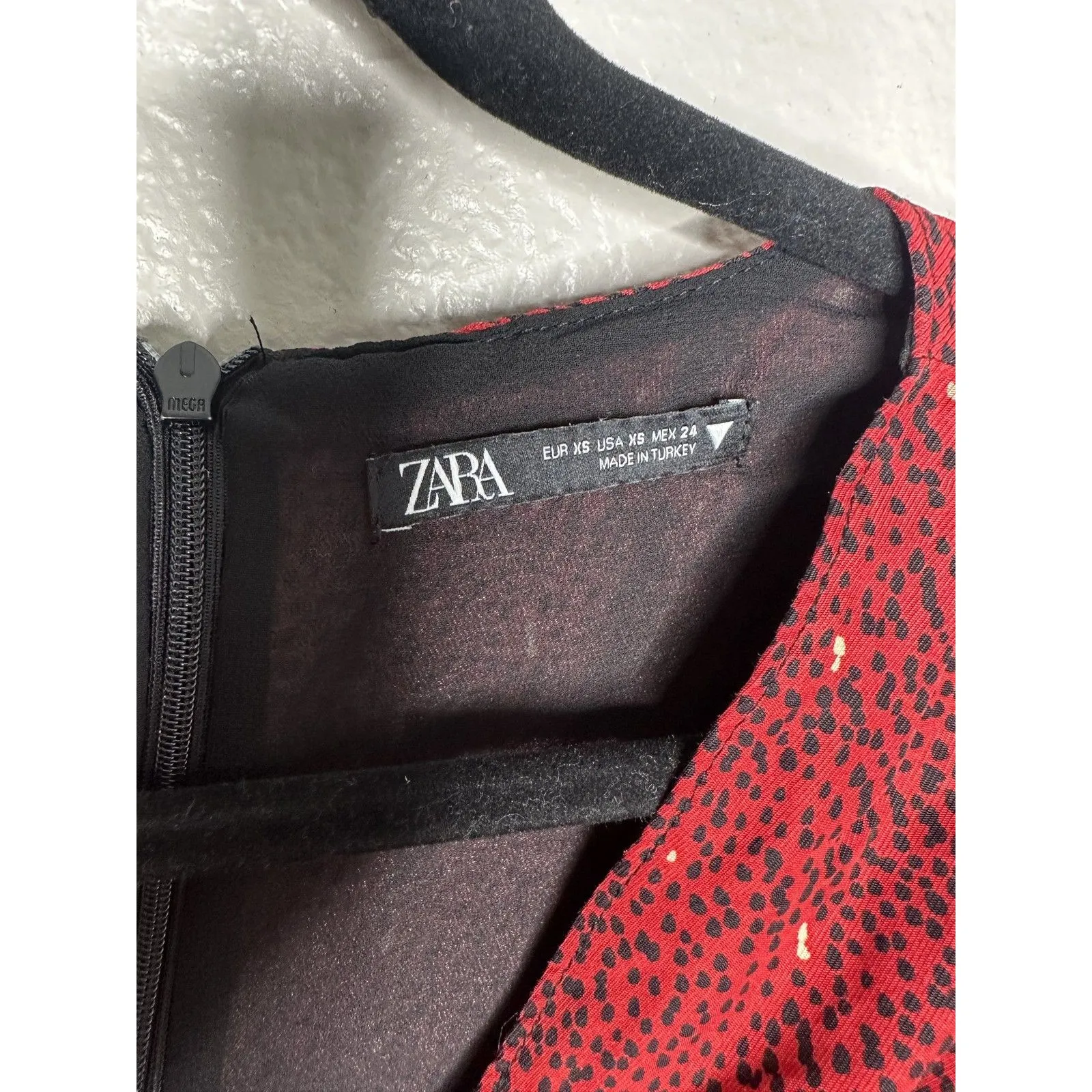 Zara Dress Womens XS Mini V Neck Ruched Party Polka Dot Red Black Long Sleeve - Image 2