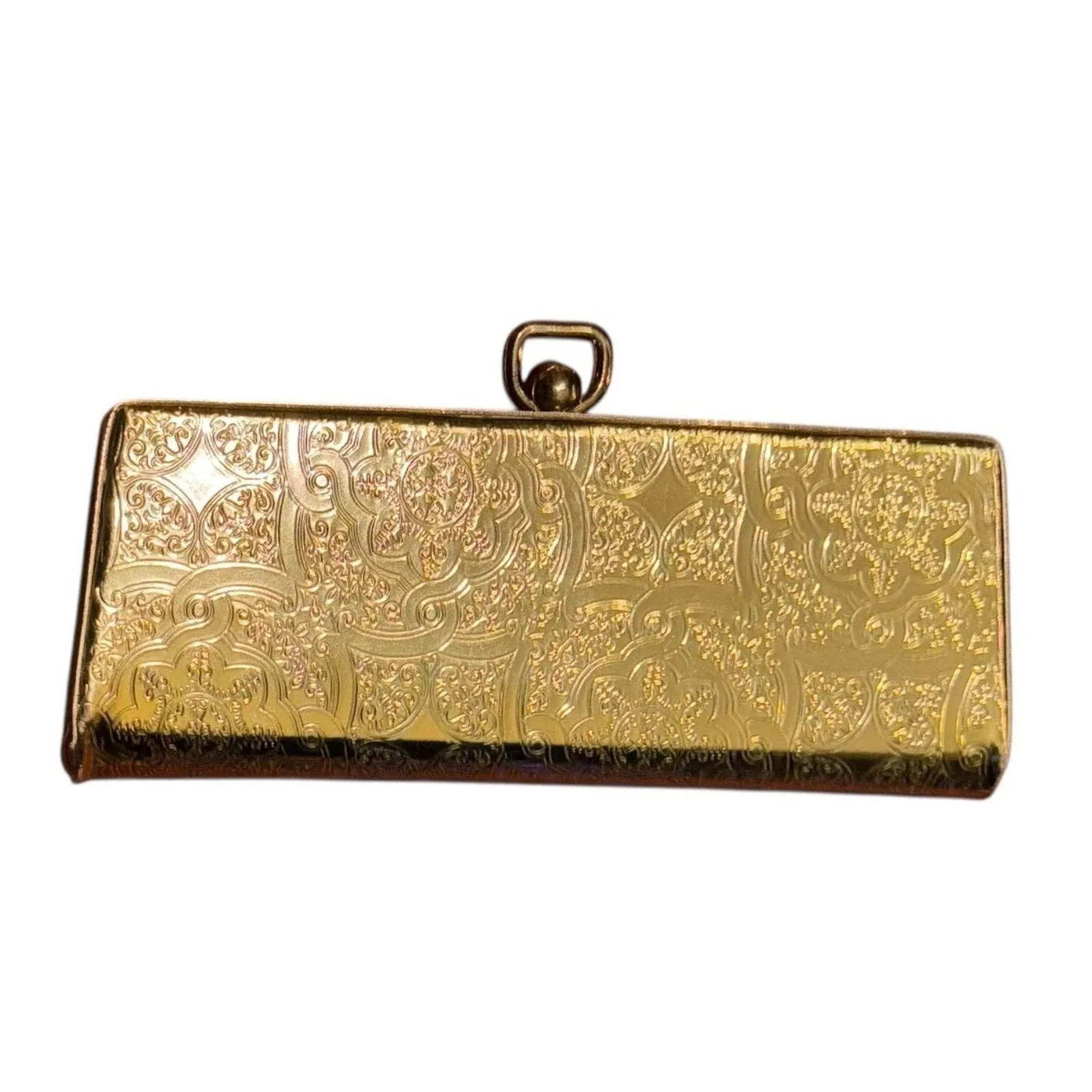 Vintage Gold Tone Floral Etched Metal Vanity Trinket Case Lined Formal Dinner - Image 6