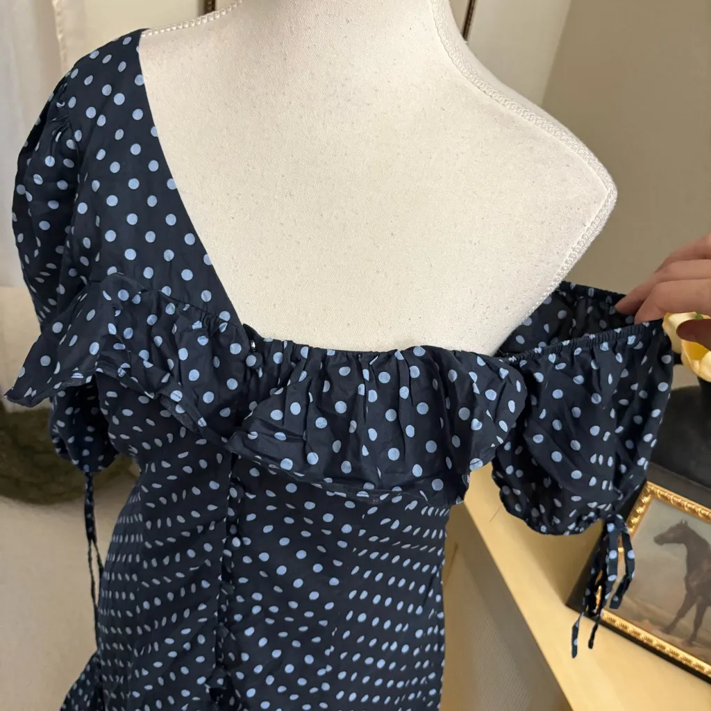 MAJORELLE Sonia Mini Dress in Blue Dot Ruffle Puff Sleeve Polka Dot Size Medium - Image 5