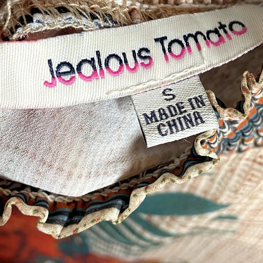 Jealous Tomato Blouse High Neck Tropical Houndstooth Print Balloon Sleeve Tan S - Image 4