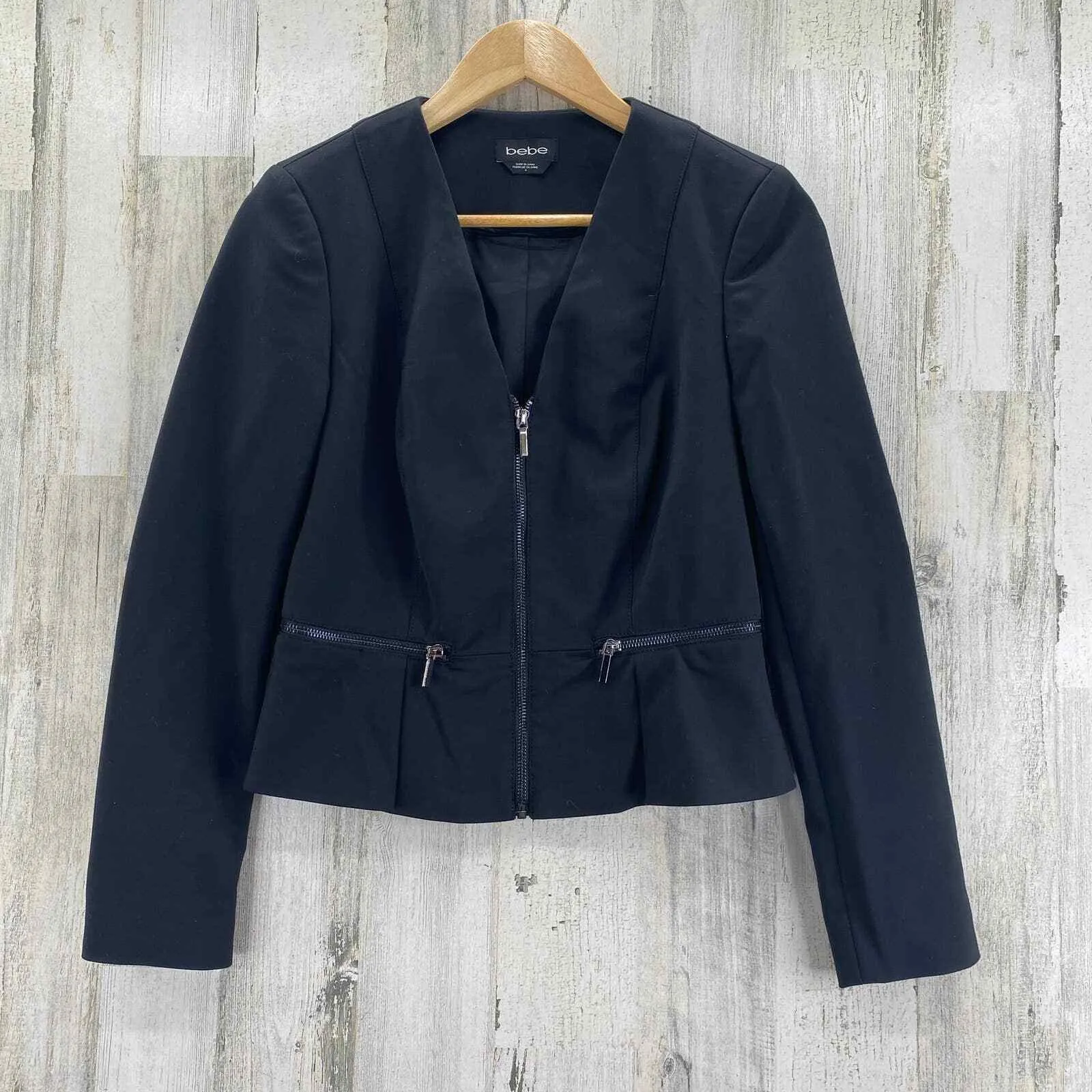Bebe Blazer Jacket Womens 6 Black Cotton Blend Full Zip Peplum Hem Zipper Detail - Image 2