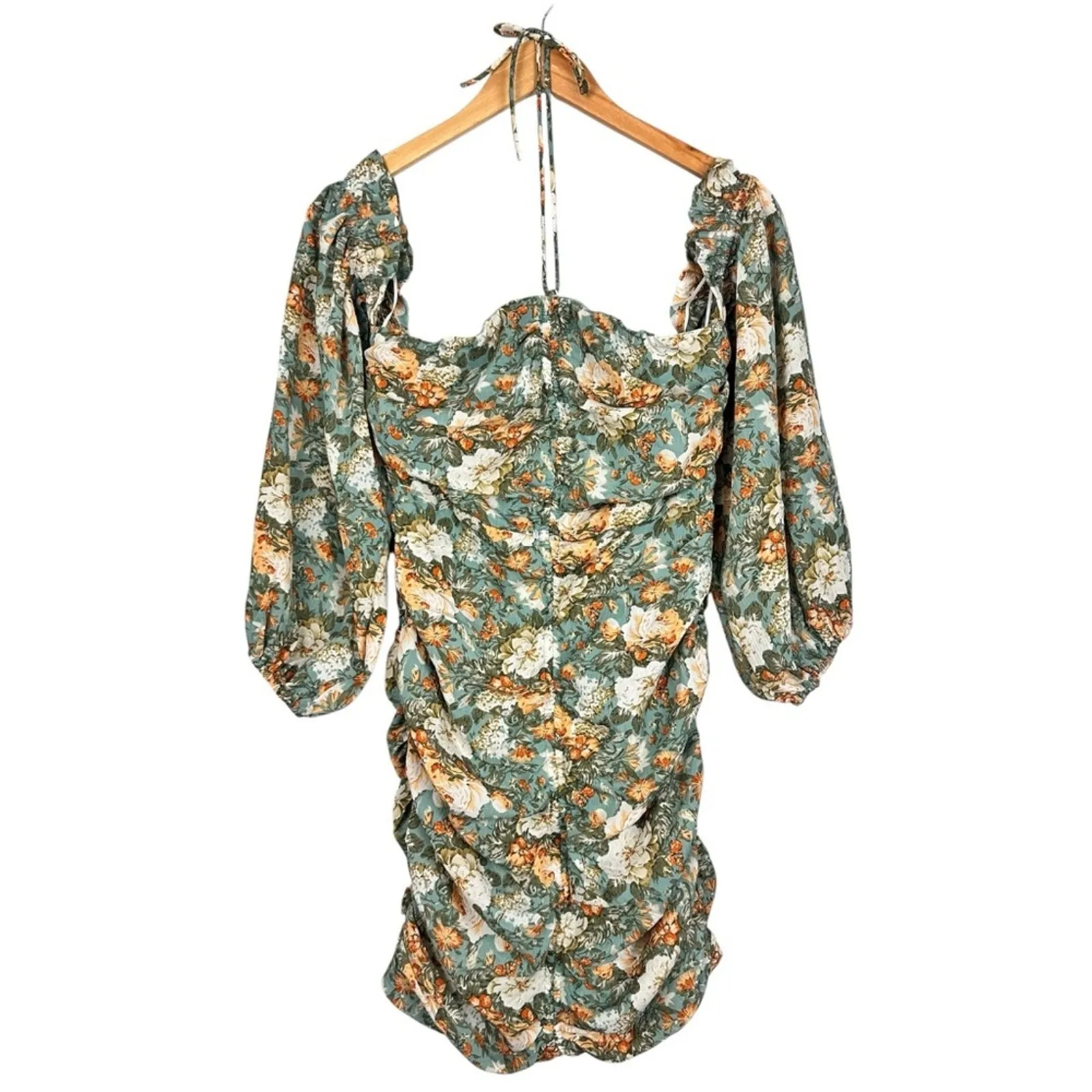 Hello Molly Basque Country Long Sleeve Ruched Mini Dress Floral Sage Medium NWT - Image 4