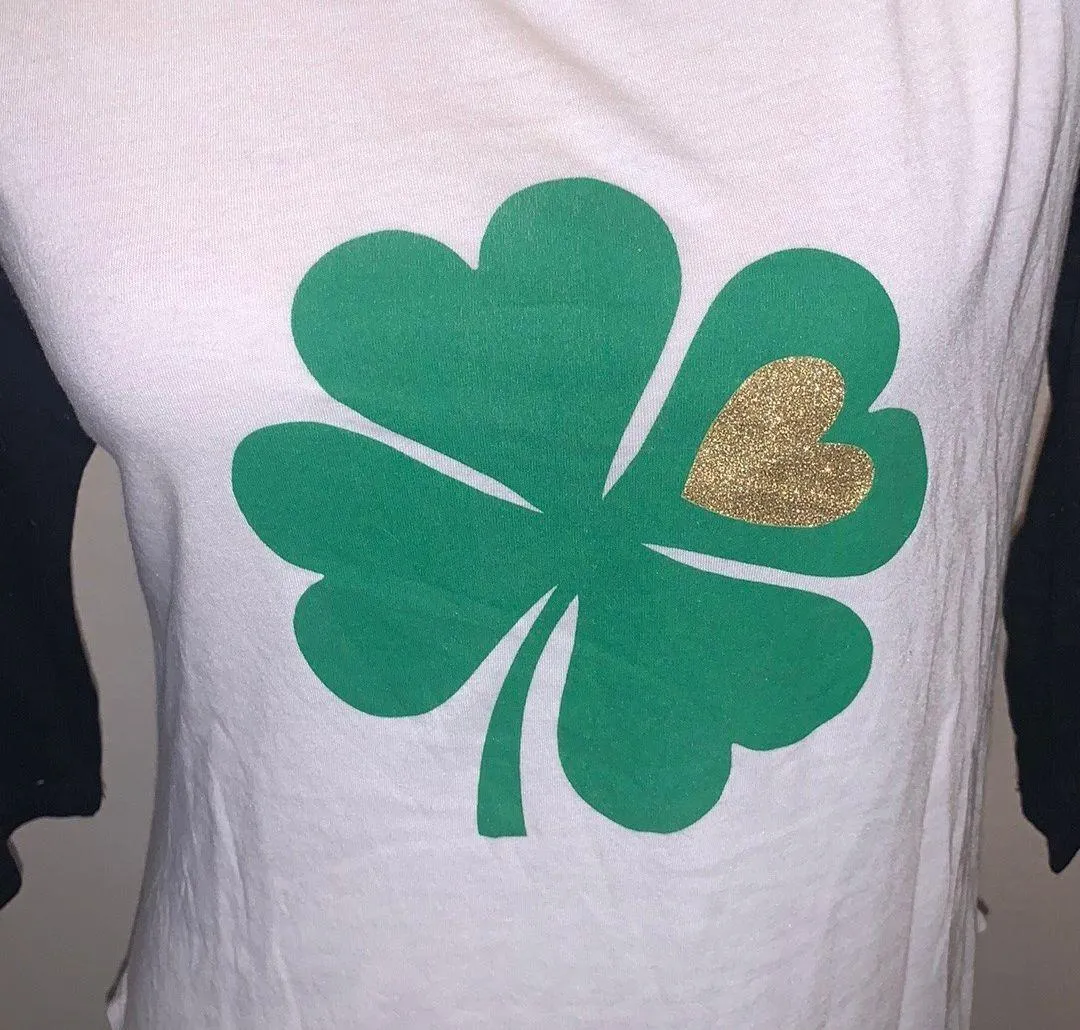 St. Patrick’s Day Shamrock 3/4 Sleeve Baseball Style Shirt White Black - Image 2