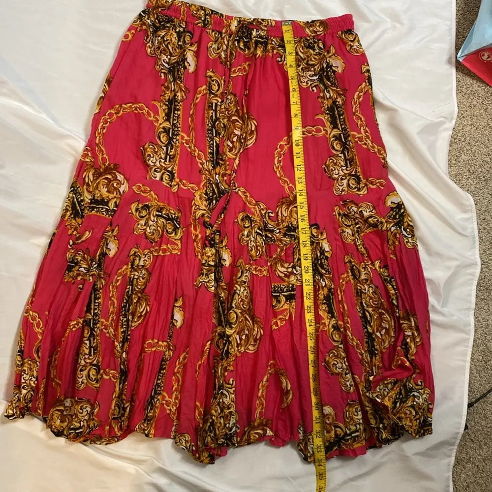 207 Truly 4 You Pink Yellow Gold Chain Print Drawstring Maxi Skirt Size Large - Image 3