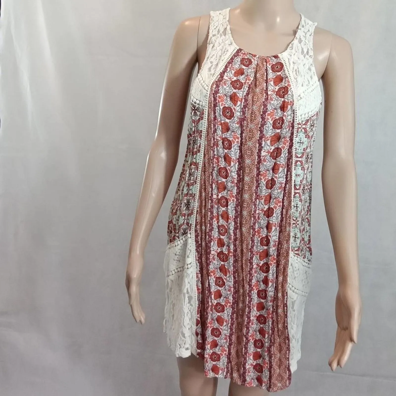 Hint of Mint womens medium bohemian lace knit‎ orange white floral sleeveless - Image 2