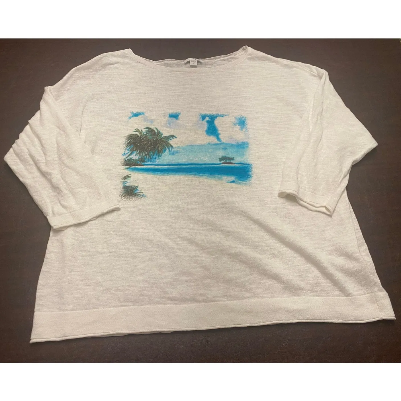 J. Jill Women’s XL Linen Cotton Lightweight Sweater Tropical Beach Scene Coastal White - Image 2