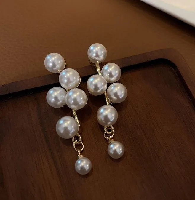 Elegant White Pearl Dangle Drop Earrings for Women Gold - Image 2