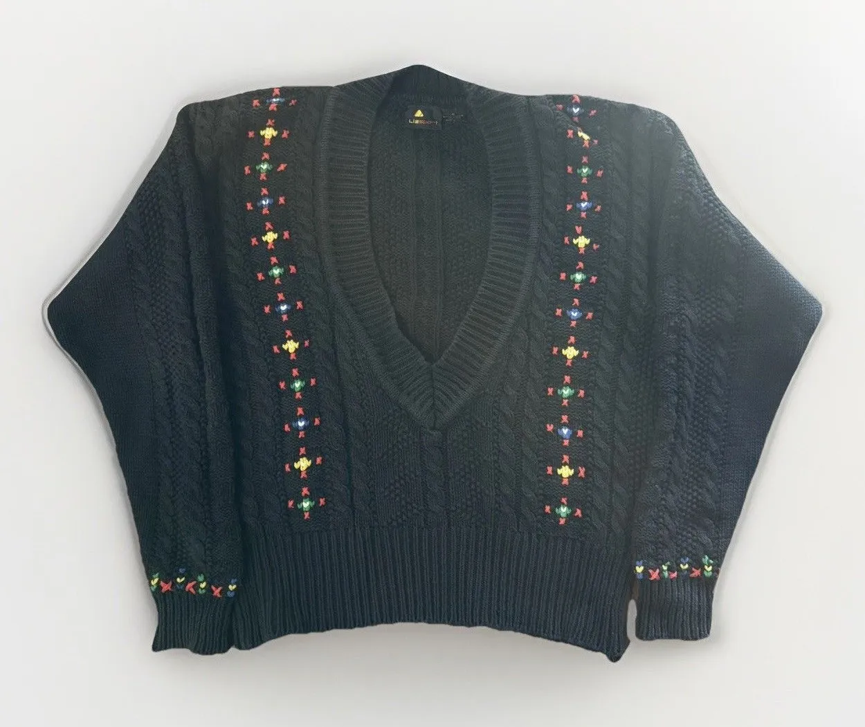 Vintage Liz Sport V Neck Sweater Cable Knit Size Small 100% Cotton Embroidered - Image 1