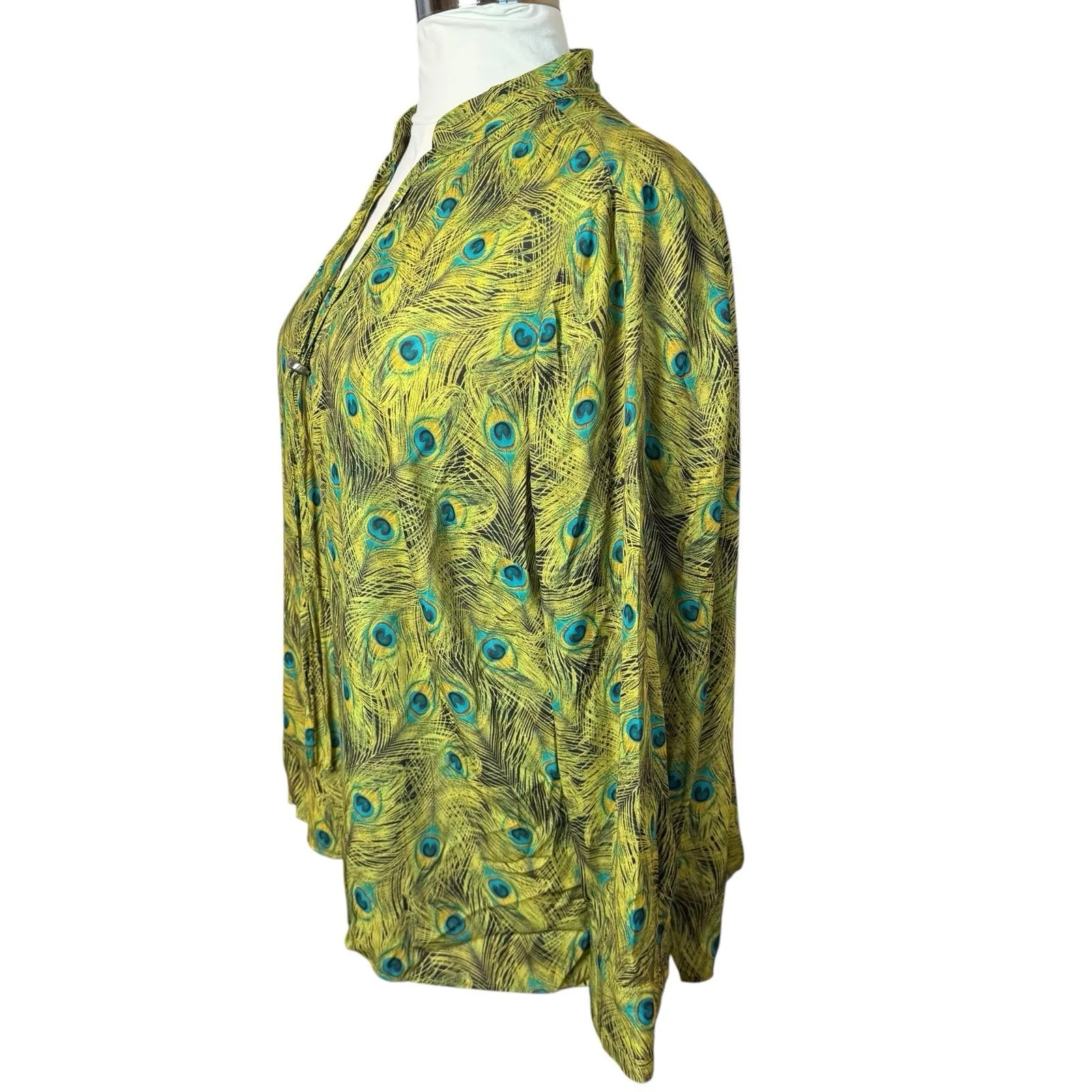 The‎ Limited Green Peacock Print Tie Neck Button Up Blouse 2X Office Statement - Image 3