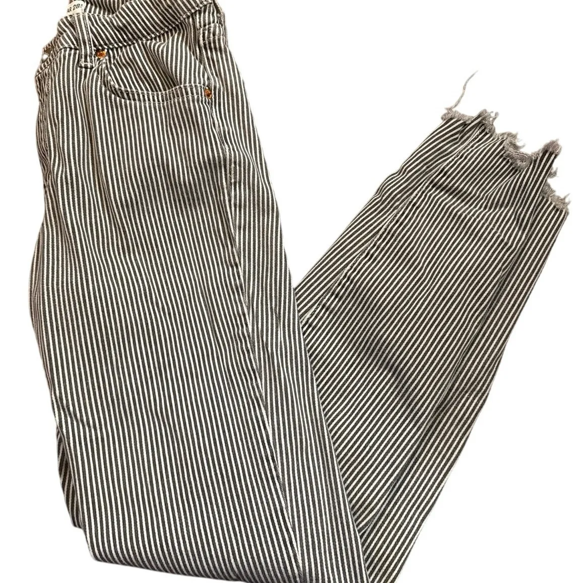 PULL&BEAR Striped Skinny Crop Jeans Sz 28 Gray White Raw Hem Stretch Cotton - Image 10