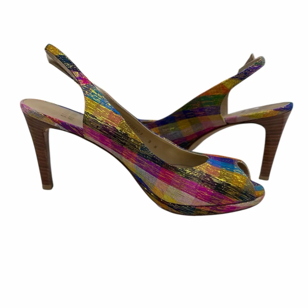 Stuart Weitzman Peep Toe Slingback Heels with Metallic Plaid Pattern - Image 4