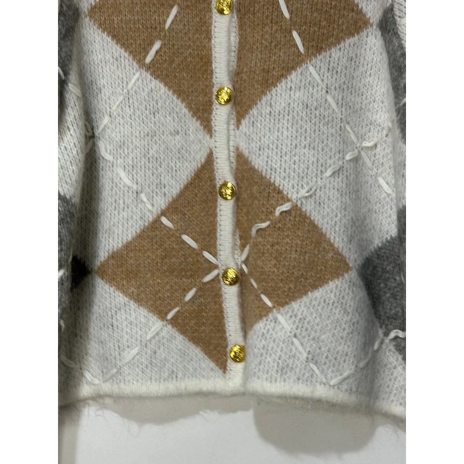 English Factory Argyle Crop Cardigan White Gray Tan Size 1X NWOT Preppy Classic - Image 4