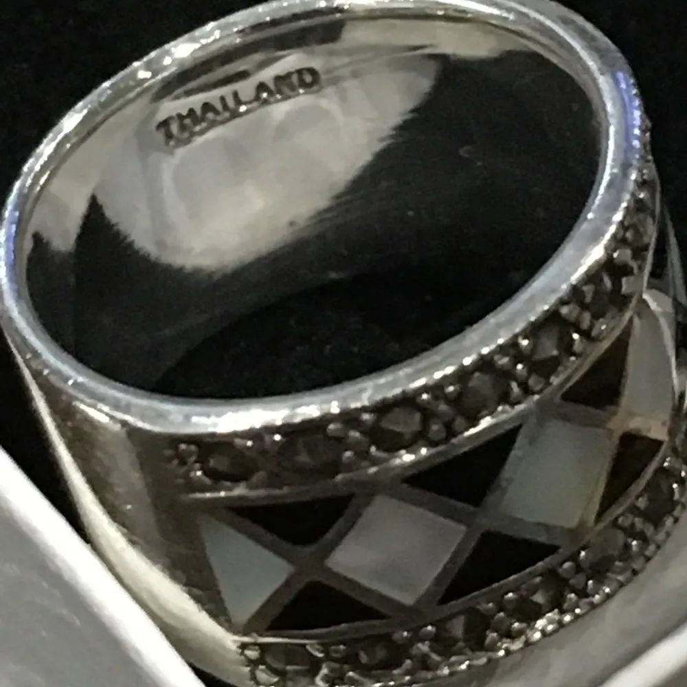 Onyx Marcasite Mother of Pearl Sterling Silver 925 Harlequin Inlay Ring 7.5 - Image 6