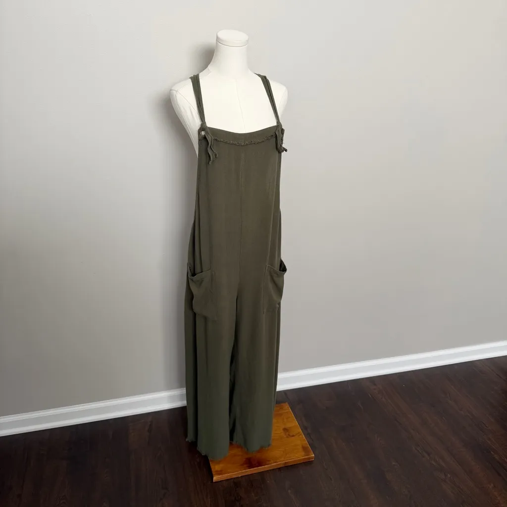 Natural Life Jumpsuit Rayon Linen Baggy Relaxed Raw Hem Travel Beach Olive Green - Image 2