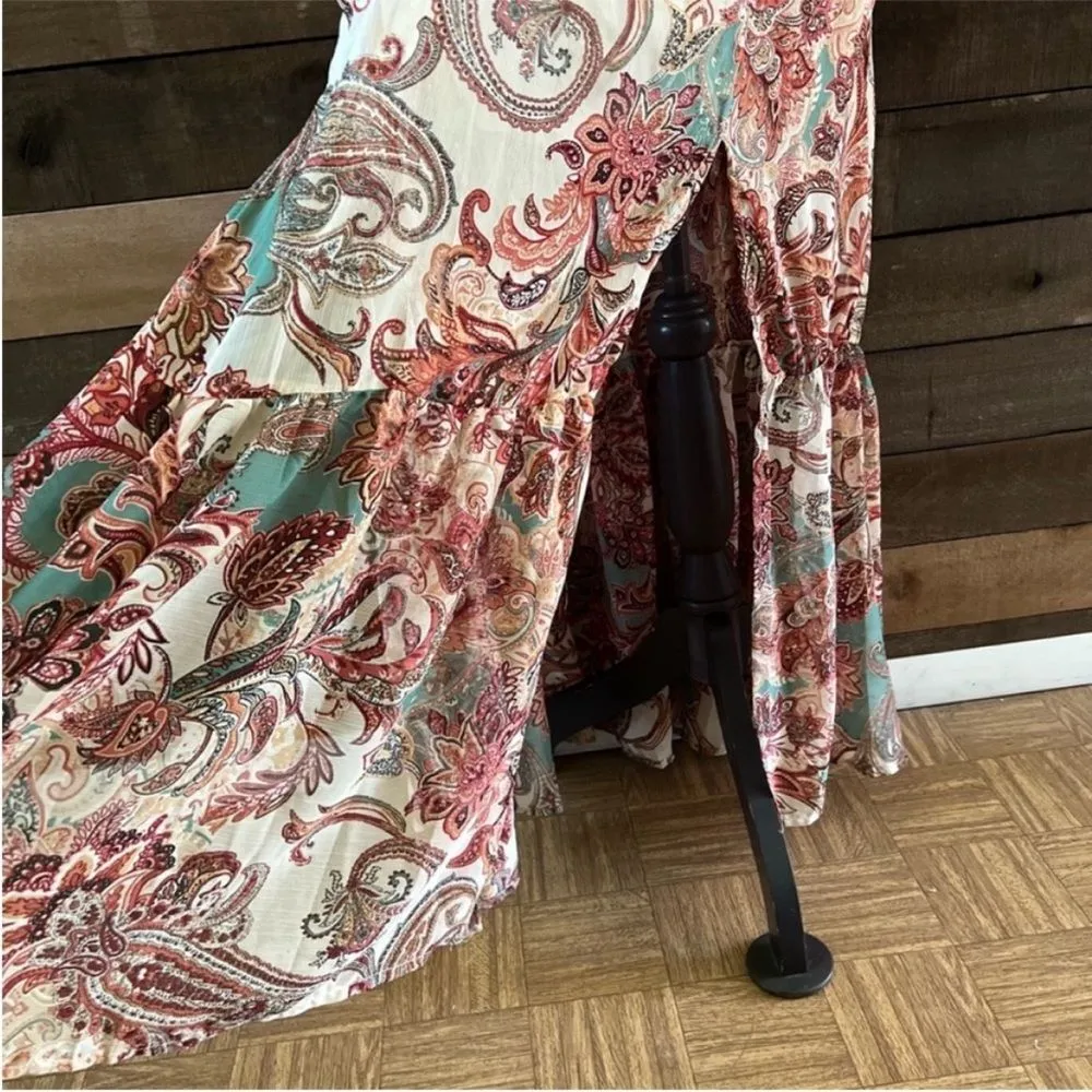 Jessica Simpson Long Bubble Sleeve Cut Out Sides Paisley Maxi Dress - Image 2