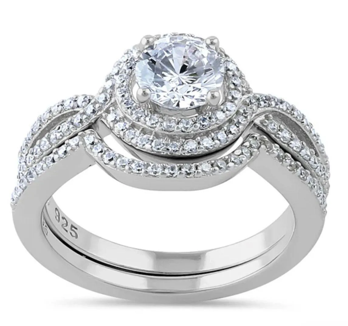 SIZE 8 925  Halo CZ Wedding Set Ring - Image 2