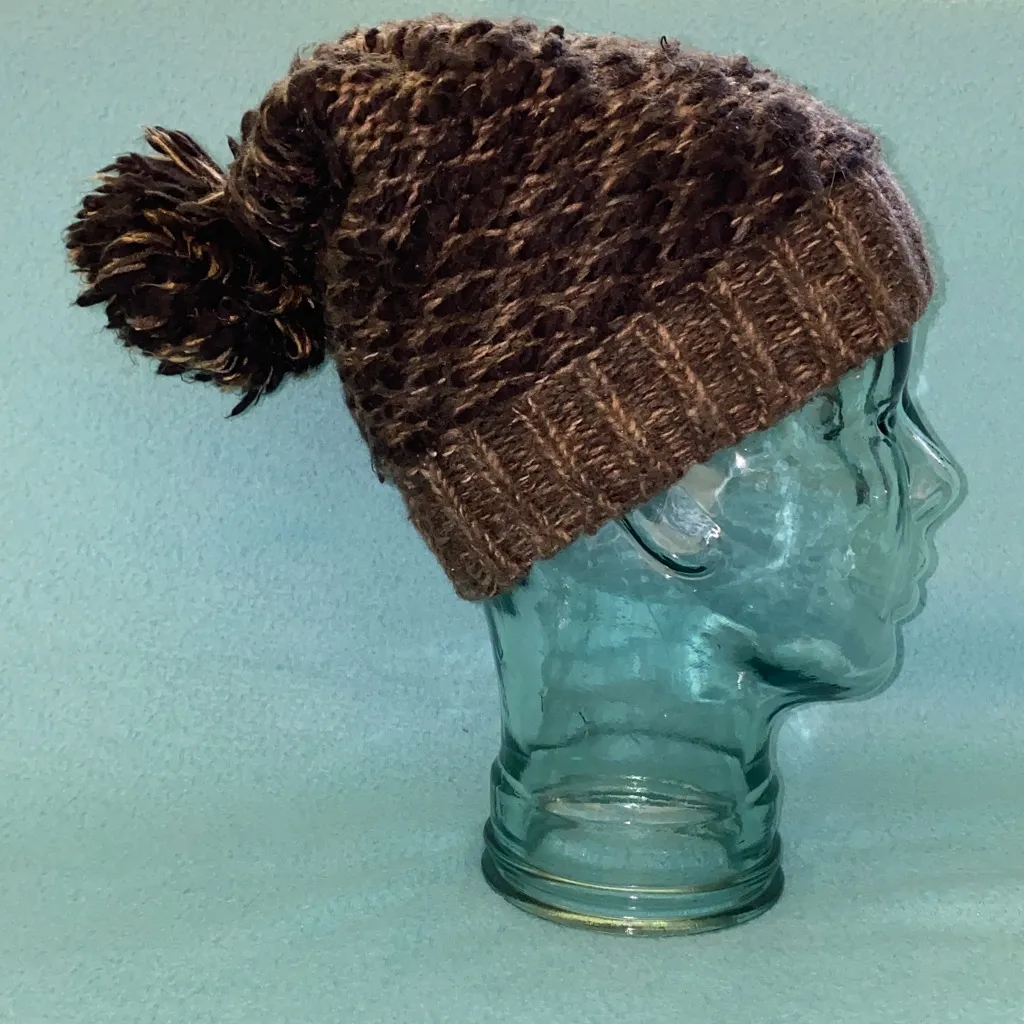 Steve Madden chunky knit pom pom hat beanie dark light browns and tans SZ OSFA - Image 4