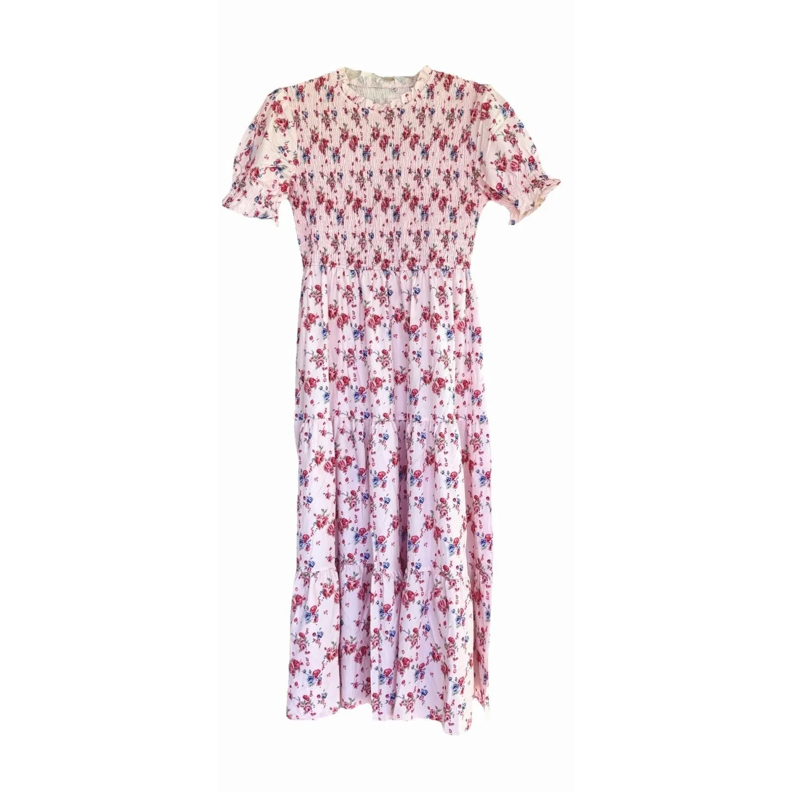 NWT Pink Smocked Flutter Sleeve Midi Dress Cottage Fit Flare Ruffle Coquette - Image 2