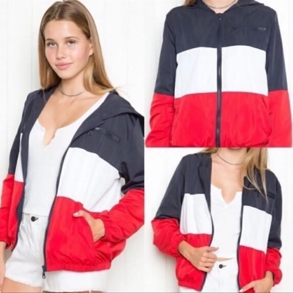 Brandy Melville Red White and Blue Colorblock Zip Up Jacket Women’s Medium - Image 2