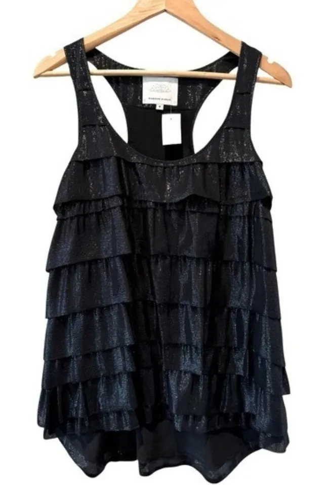 MADISON MARCUS Tiered Ruffled Silk Racerback Top Black Shimmer Size M NEW - Image 1