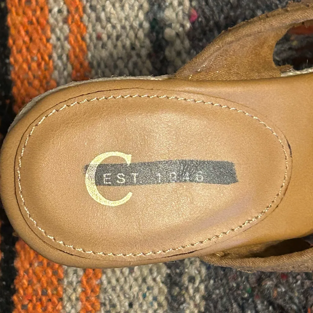 New C EST. 1946 Womens 9 Platform Heel Sandals Tan Shoes With Boho Fringe - Image 3