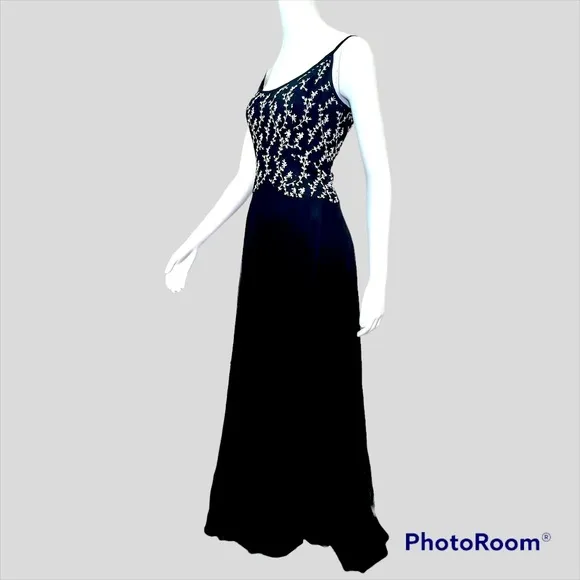 Tiffany Design Silk Vintage 1990’s Leaf Vine Black Gown Dress - Image 3