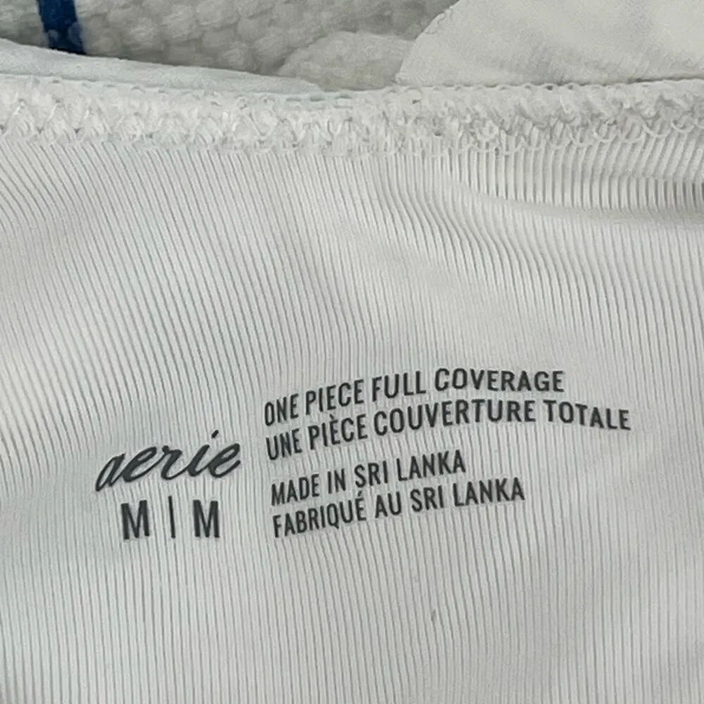 AERIE Swimsuit Medium One Piece Full Coverage White Blue Floral Unlined No Cups - Image 3